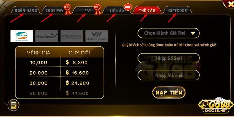tải Go88 Thanh toán tiện lợi với đa dạng các phương thức khi tải Go88